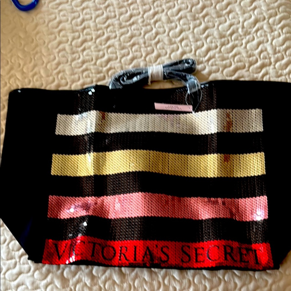 Victoria's Secret Black, silver, gold, pink and Red sequence Striped Tote Bag.